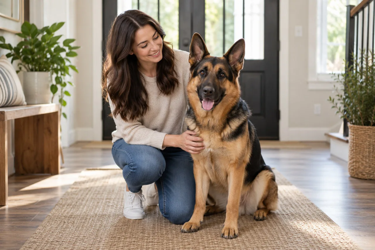 Owner sitting beside a large shepherd-type dog at home