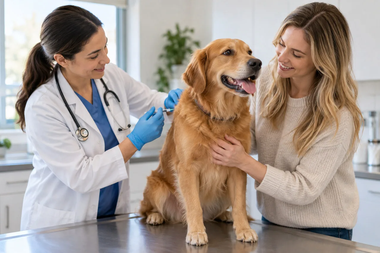 Veterinarian examining a golden-colored dog beside its owner